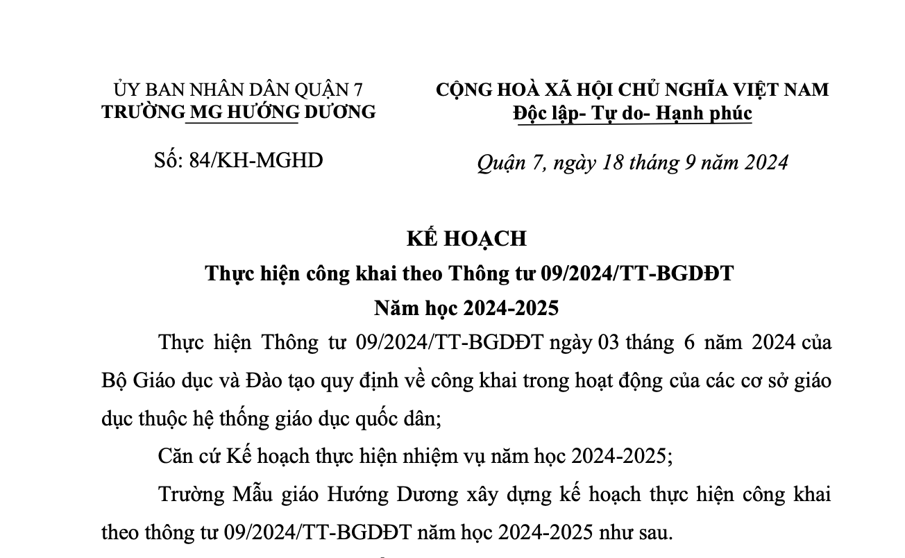 KẾ HOẠCH Thực hiện công khai theo Thông tư 09/2024/TT-BGDĐT Năm học 2024-2025