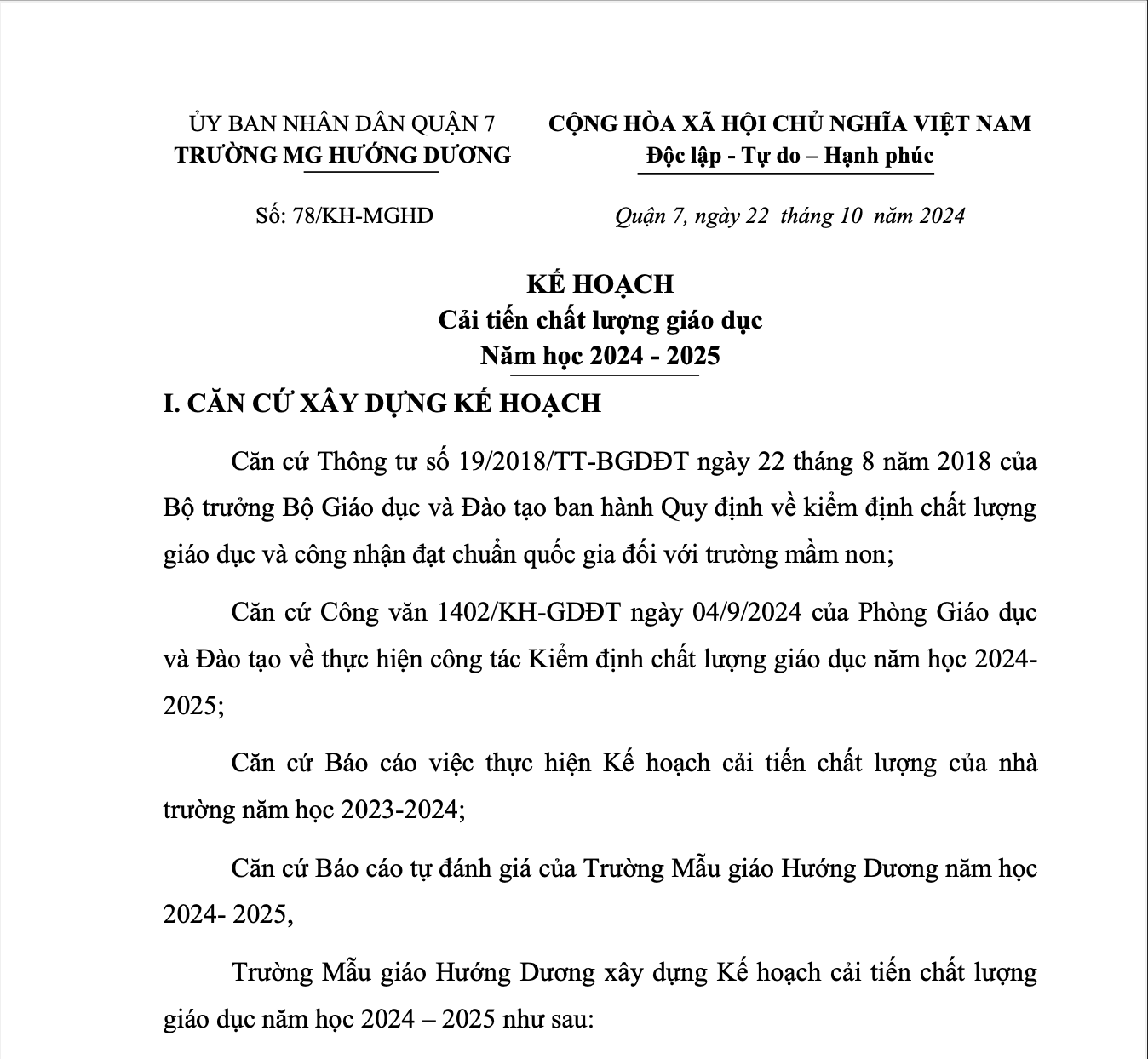 Kế Hoạch Cải tiến chất lượng giáo dục Năm học 2024 – 2025