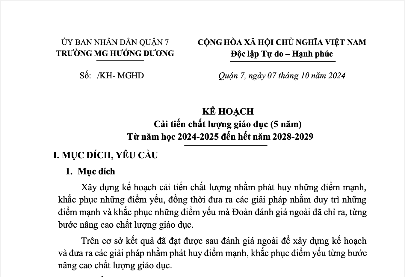 Kế Hoạch Cải tiến chất lượng giáo dục (5 năm) Từ năm học 2024-2025 đến hết năm 2028-2029